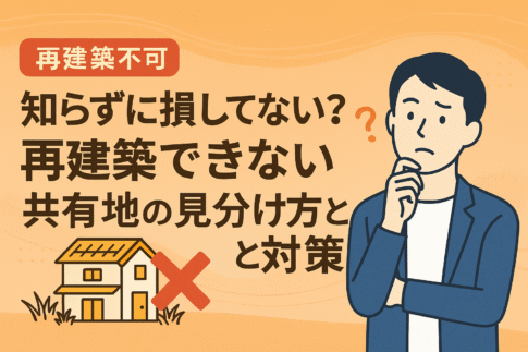 再建築できない共有地に関する注意喚起を促す日本語インフォグラフィック。青とオレンジを基調に、建築不可の土地と驚く人物を描いたデジタルイラスト。