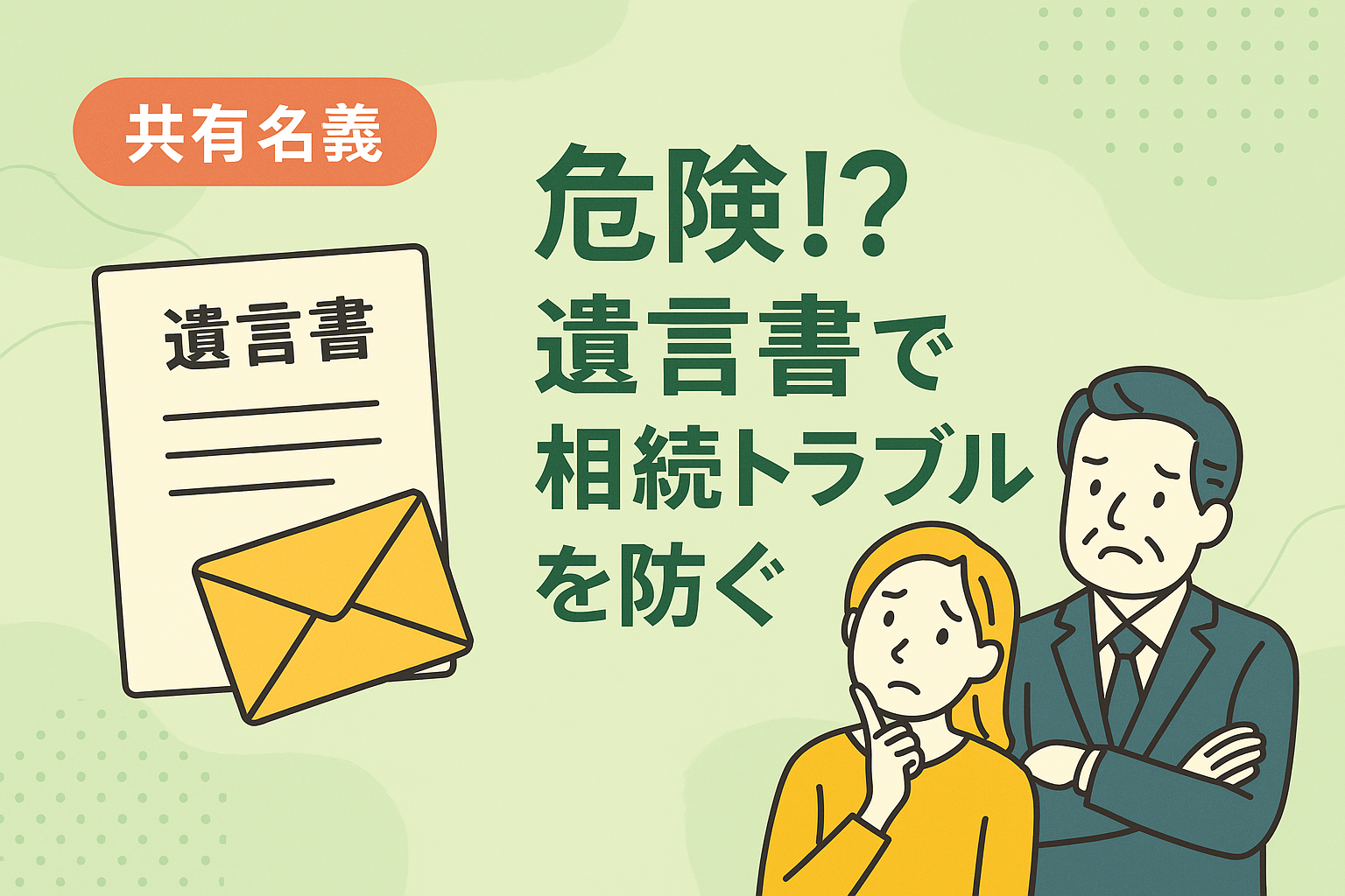 遺言書で共有名義の相続トラブルを防ぐ方法を解説するイラスト