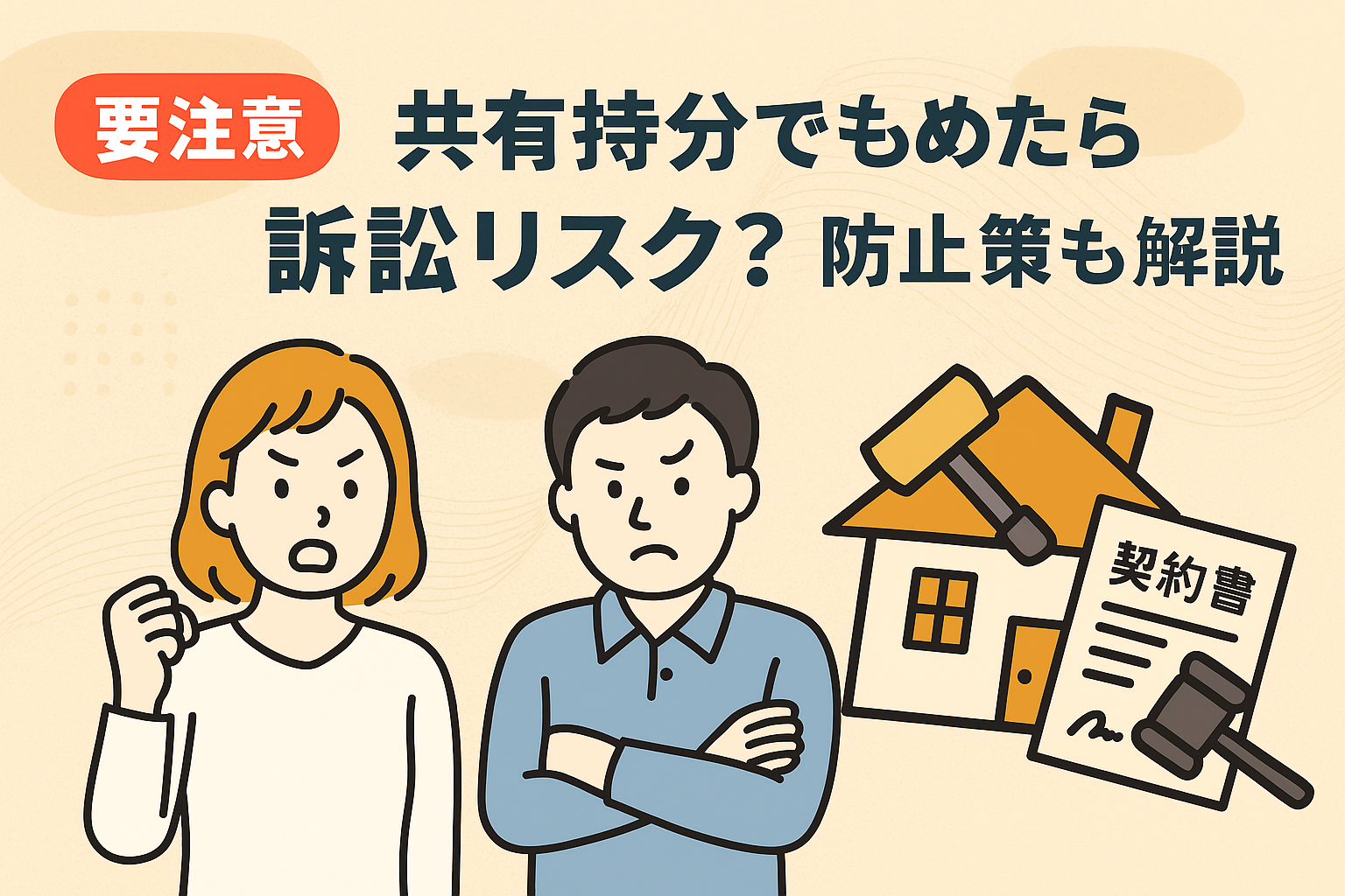 共有持分で訴訟トラブルを防ぐ方法を伝える日本語イラストバナー