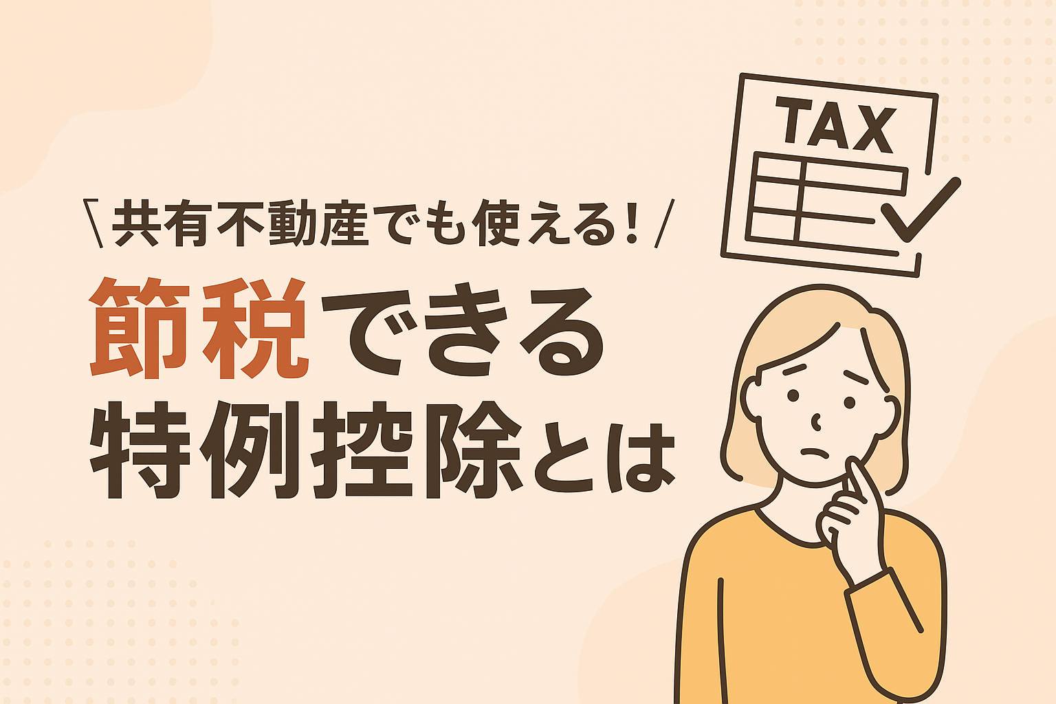 共有不動産でも活用できる特例控除と節税の方法を伝える日本語イラスト